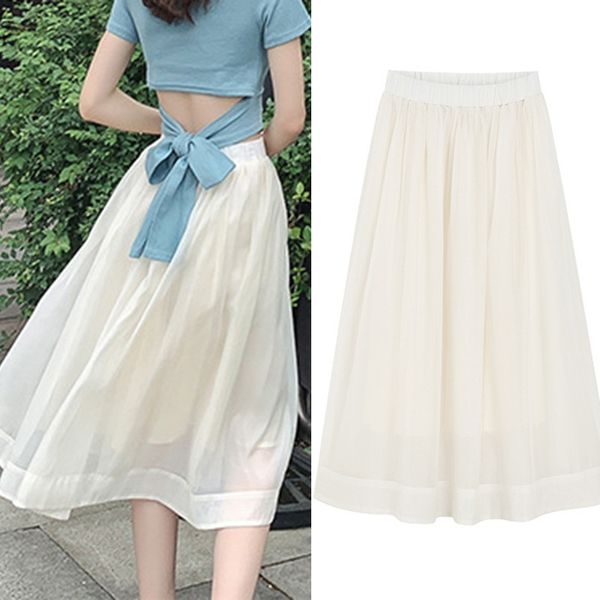 

women korean style skirts ladies high waist beach chiffon skirt women's clothing, White;black