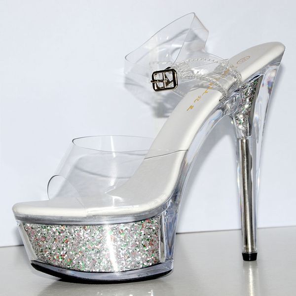 

platform sandals clear high heels 15cm pvc women summer shoes crystal transparent sandals glitter ladies stripper shoes, Black