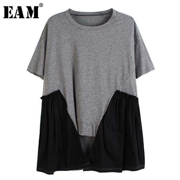 

eam] women gray pleated asymmetrical temperament t-shirt new round neck short sleeve fashion tide spring summer 2020 1u094, White
