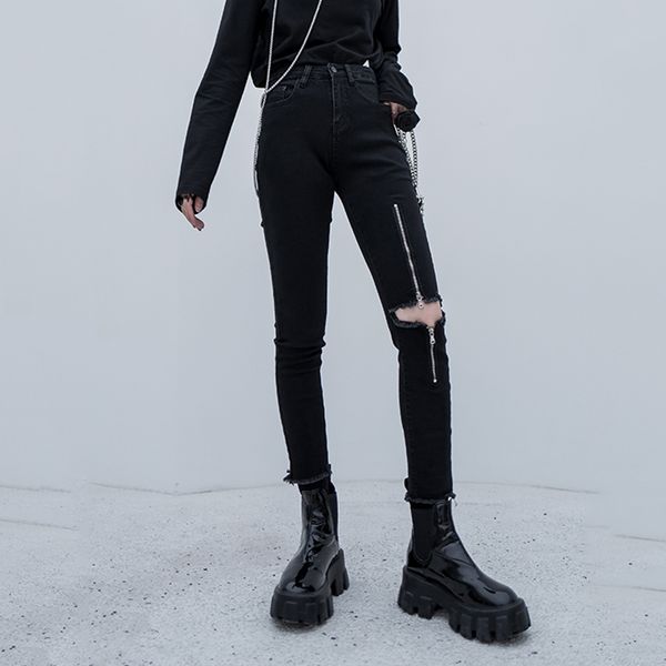 

deat] high elastic waist black zipper personality denim trousers new loose fit pants women fashion spring autumn 2020 13f206, Black;white