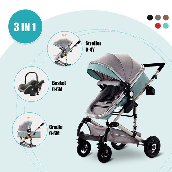 

3 in 1 baby stroller bassinet car safety seat foldable carriage pushchair lying sleeping basket highview pram 0-4 year 4 season