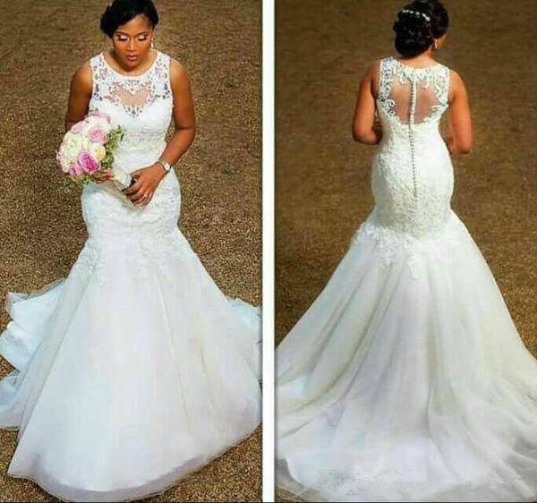 

wedding dresses bride dresses mermaid flat shoulder lace tulle zipper fake button tail bride dresses, White