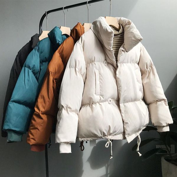 

2019 autumn winter women bread jackets women turn-down collar loose cocoon coats single breasted female wadded jackets r1417, Tan;black