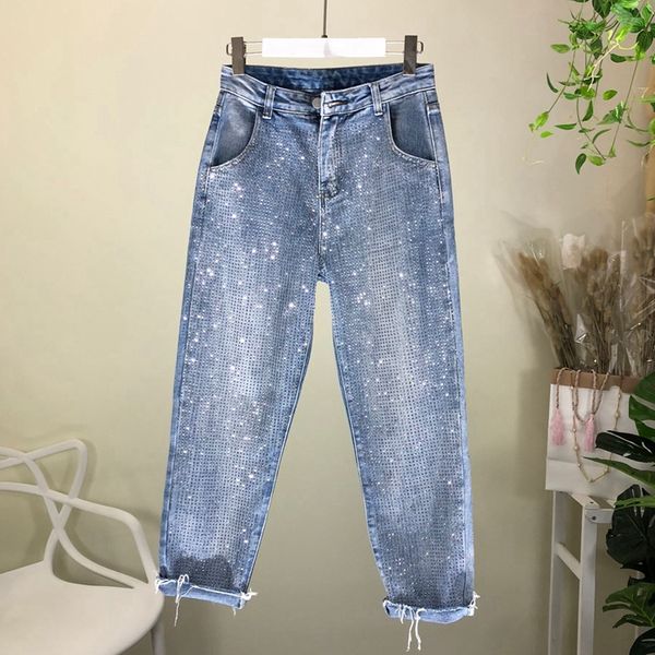 

2019 spring new fashion heavy industry high waist loose jeans women's ankle length drill denim harlan pants lady, Blue