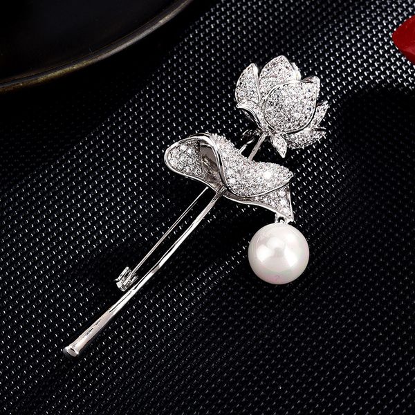 

lotus brooches copper zircon jewelry high-end flower corsage korean-style fashion clothing accessories coat pins, Gray