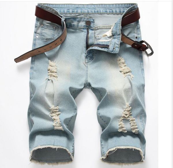 

brand clothes 2019 new light blue mens jeans short stretch ripped edging shorts men fashion nostalgic denim shorts
