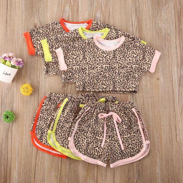 

running sets 0-5y summer infant baby girls leopard print short sleeve t shirts +shorts 2pcs lovely clothes, Black;blue