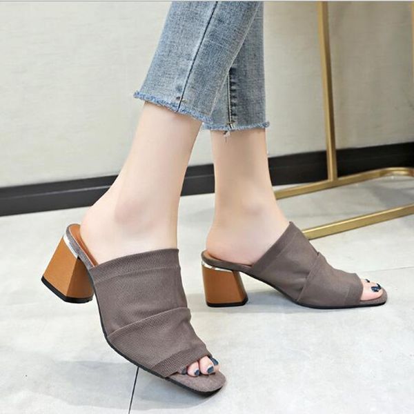 

35-42 large size sandals female european and american summer breathable mesh fish mouth shoes open toe high heels slippers, Black