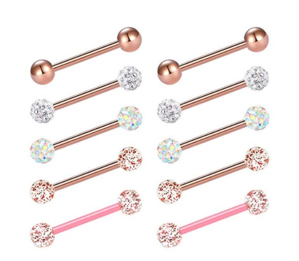 10 pçs pacote de jóias piercing anel de mamilo industrial barbell língua piercing bola de cristal nariz orelha parafuso prisioneiro mamilo lábio piercing corpo jew175y