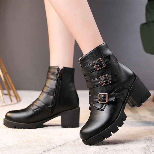 

fashion leather martins boots woman shoes winter warm lace-up ankle boots for woman waterproof platform boots#j30, Black