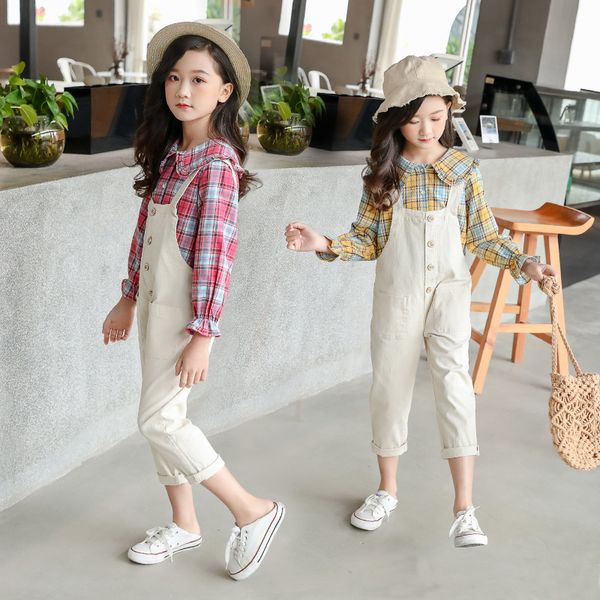 

girls clothes children kids boutique outfits clothing sets teen 2019 spring autumn fall plaid shirt + overalls 2 to 13 years, White