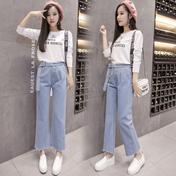 

among the flowers ting 2019 autumn outer wear high-waisted versatile denim (ankle-length pants) women's, Blue