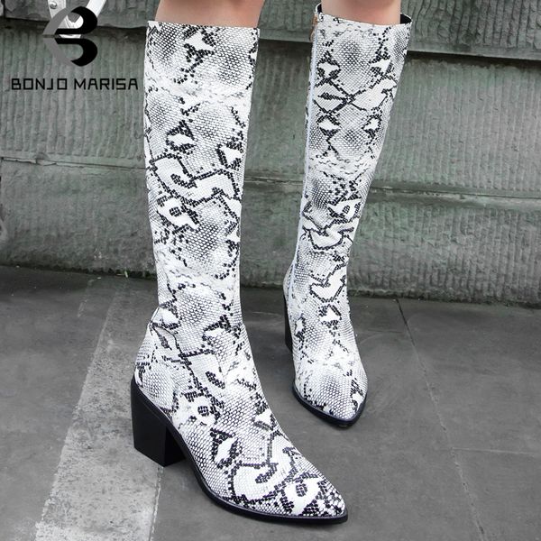 

bonjomarisa knee high pointed toe boots woman genuine leather shoes woman knee high square heels boots size 34-44, Black