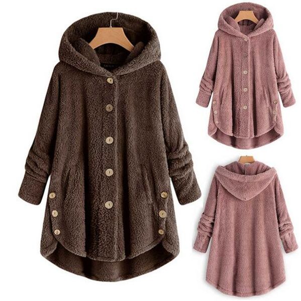

2019 winter coat women hooded coat fashion female solid button fluffy tail hooded pullover loose outerwear, Black;brown