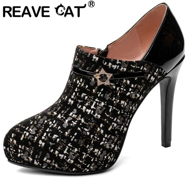 

reave cat women novelty pumps pointed toe 12.5cm thin high heels patent leather zipper platforms rhinestone big size 33-43 a3041, Black