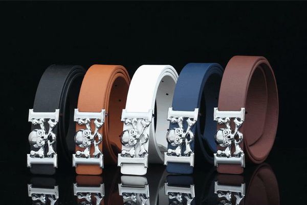 

high-end designer fashion imitation leather belt skull buckle with men's and women's popular belt, Black;brown