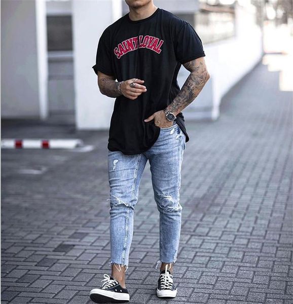 

mens jeans fashion ripped skinny mens capris stretch men long pants male trousers holes light blue
