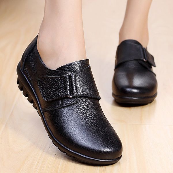 

genuine leather women flat shoes comfortable 2019 spring/autumn oxfords hook loop ladies leather shoe large size 35-43 cj191226, Black