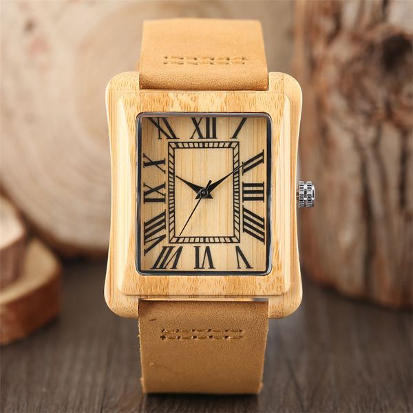 

fashion rectangle dial bamboo wood men's watch casual natural wooden womens watches genuine leather wristwatches gift clock, Slivery;brown
