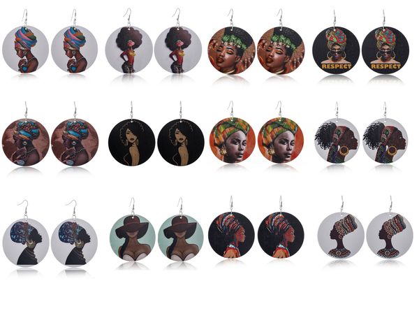 

Exaggerated African Head pattern earrings afro girl wood earrings Vintage wooden African girl fish hook earrings