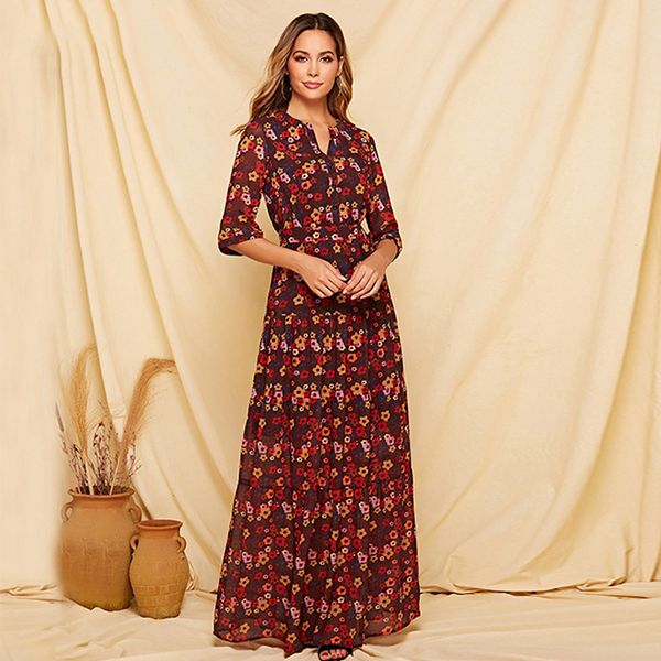 

autumn floral dress v-neck sleeve bohemian printed dress, Black;gray