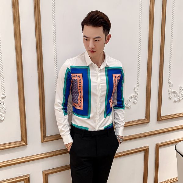 

mens shirt 2020 new blue square print shirt fashion men's social club clothing men's slim long sleeve tuxedo shirt, White;black