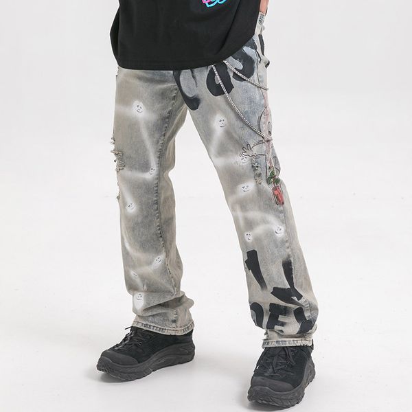 

aolamegs jeans men letter print denim pants mens vintage skinny jeans hip hop style advanced trousers fashion streetwear autumn, Blue