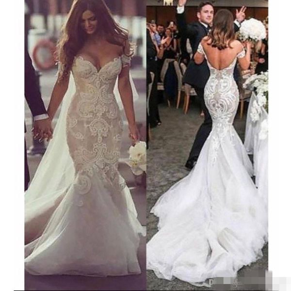 2020 modestas vestidos de casamento sereia vestidos curtos mangas curtas lace applique v pescoço varrer trem Dubai luxo frisado casamento vestido nupcial