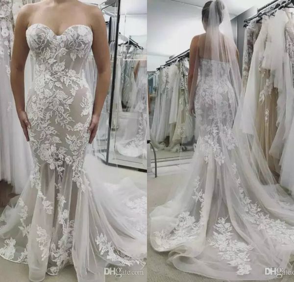

2019 mermaid wedding dresses sweetheart lace appliques sweep train custom made country wedding dress with veil plus size bridal gowns, White