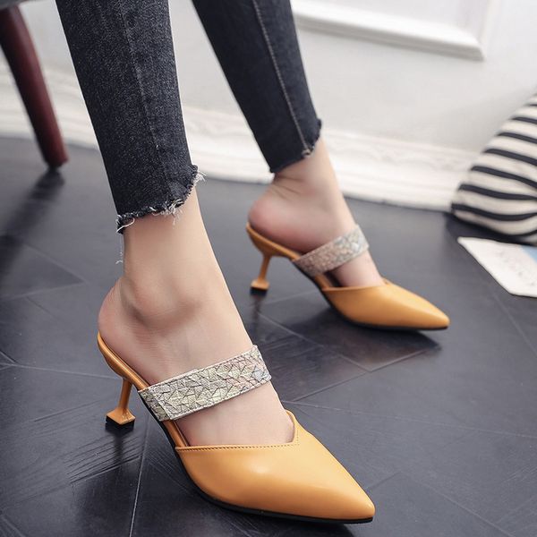 

female 2019 new slippers women wear stiletto pointed european and american patent leather fashion rivets sandals, Black