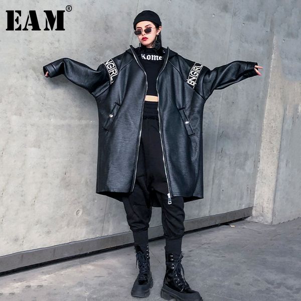 

eam] loose fit letter printed pu leather big size jacket new hooded long sleeve women coat fashion autumn winter 2019 1k350, Black;brown