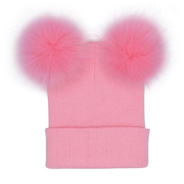 

winter baby knit hat with two fur pompoms boy girls natural fur ball beanie kids caps double real pom hat for children