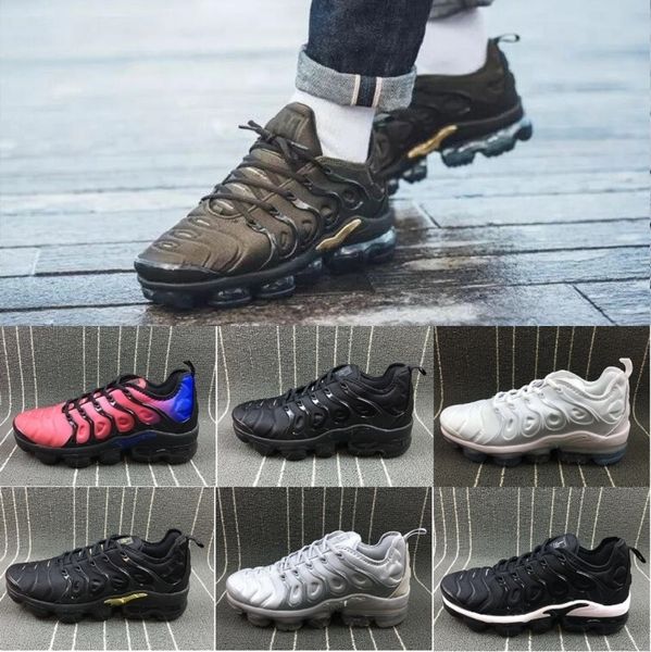 

with box] new men women vapersmex tn plus olive in metallic white silver colorways pack triple black sneakers running shoes