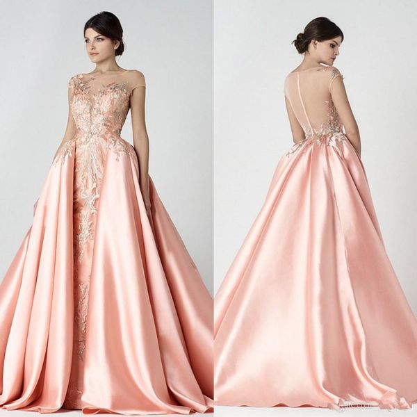 

2019 saiid kobeisy overskirt evening dresses a-line sheer bateau neck appliqued backless prom gowns floor length satin formal dress 4010, Black;red