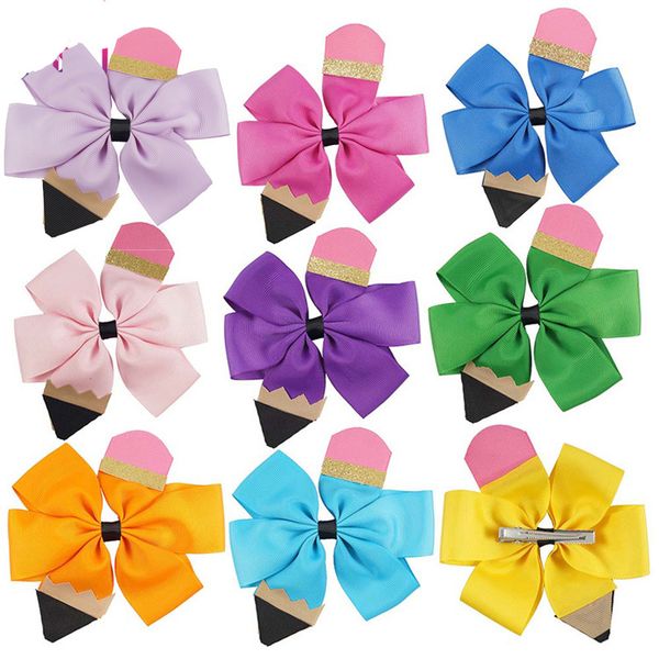 

kids bow hair clip back to school girl handmade thread hair accessories color stitching pencil floral headdress, Slivery;white