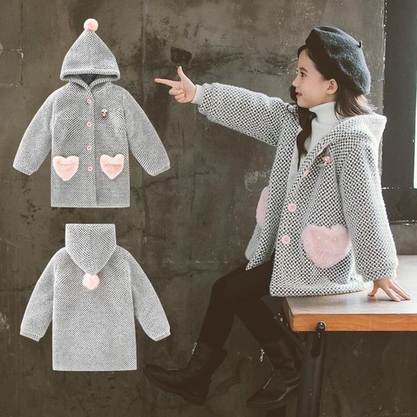 

children's clothing new girls velvet jacket girls fashion hooded coat casual hooded windbreaker autumn and winter outwear, Blue;gray