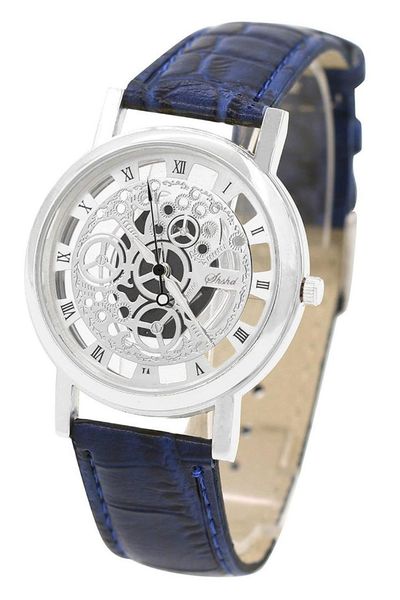 

blue strap & silver dial) men's faux leather band wrist skeleton watch, Slivery;brown