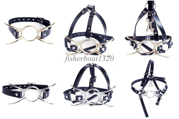 Bondage Spider Mouth Gag Anello aperto Cintura in pelle Cinghie Schiavo Naso Gancio Maschera di ritenuta A876