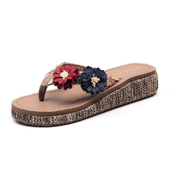 

beach shoes slippers summer fashion wear seaside non-slip thick bottom wedges with feet sandals holiday flowers flip flops, Black
