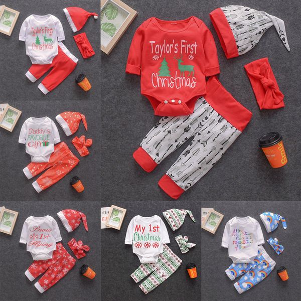

6 styles christmas baby rompers set kids christmas cartoon deer letter printed rompers trousers+hat+headbands 4 piece set dhl jy692, White