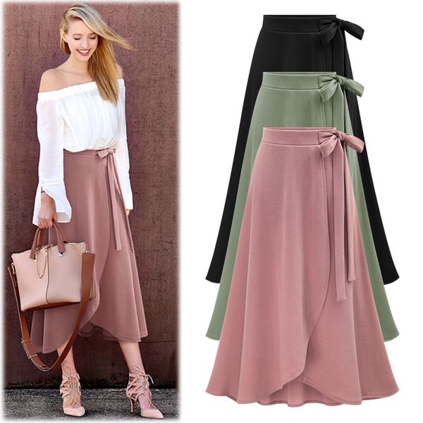 

plus size irregular long skirts s-6xl women fashion 2020 ladies summer aysmmetric skirt bandage slit chiffon skirts mid-length, Black