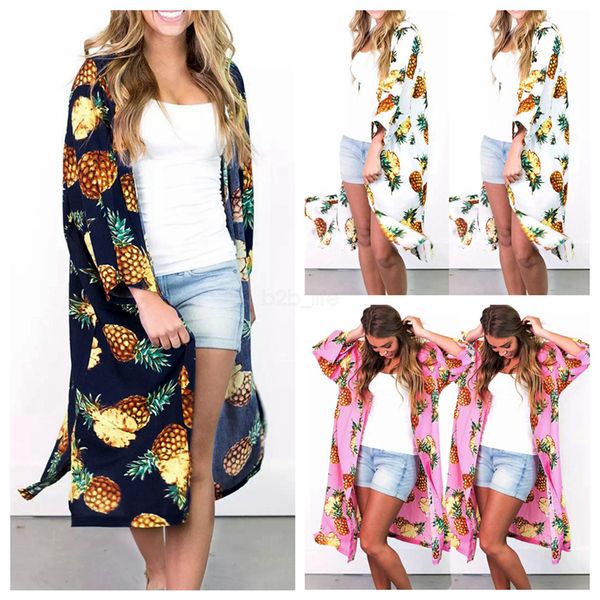 Women Floral Suntan Cardigan Coat Summer Casual Pineapple Beach Smock Printed Long Cape Bikini Cover Ups Loose Kimono Beachwear Ljja2450 Free Knitting
