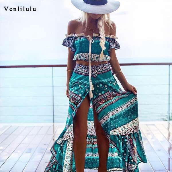 

2018 summer skirt set women boho dress two piece set women crop and skirt beach long maxi skirts 2 piece outfit, Gray