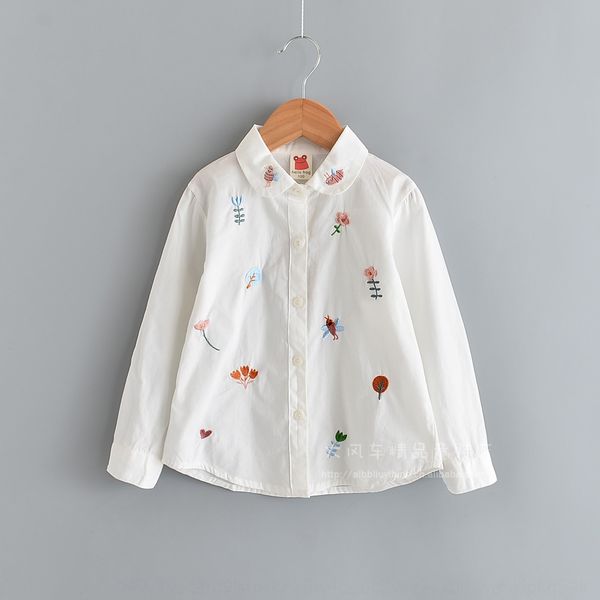 

0818-02 children's clothing autumn flower embroidery girl lapel wash long sleeve embroidered shirt children's clothing shirt, White;black
