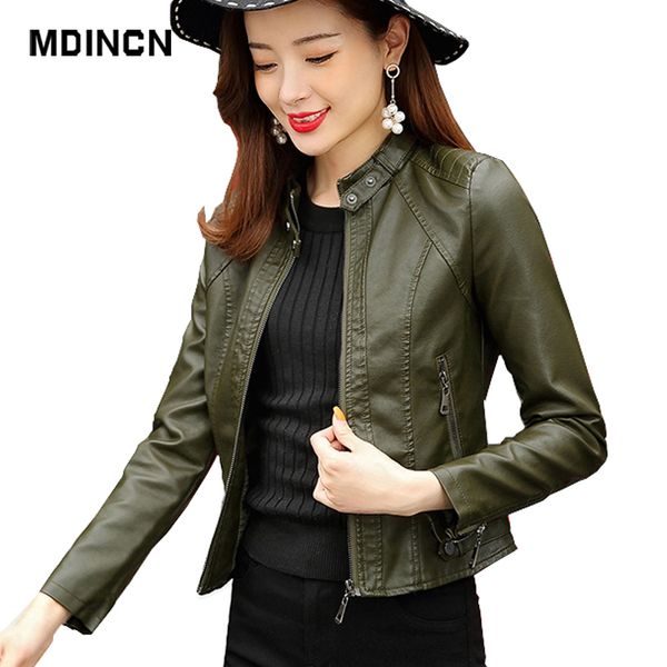 

mdincn silm women jacket autumn winter new faux leather jackets zipper basic mandarin collar mixed leather jacket 3xl, Black
