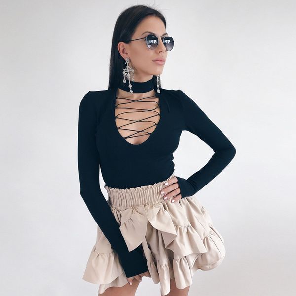 

womens designer lace-up jumpsuits skinny slim rompers casual natural color long sleeve jumpsuits females clothing, Black;white