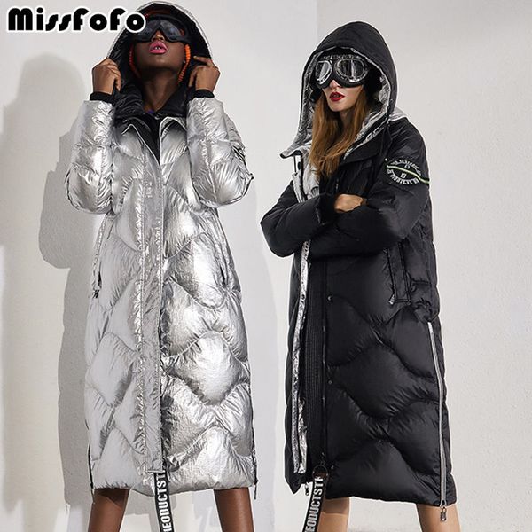 

missfofo 2019 new fashion women's white duck down jacket zippers shiny size xxl wide-waisted silver black metallic