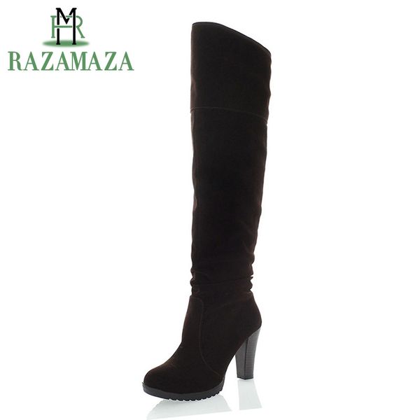 

razamaza женщина высокой пятки сапоги круглый toe fur женщины колена boots элегантное зрелая женщина длинная зима теплая обувь размер 34-41, Black