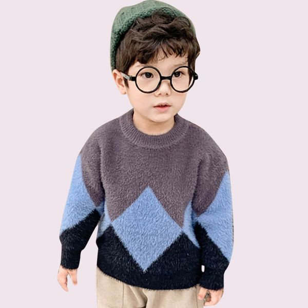 

baby boys sweaters patchwork children's sweaters o-neck velvet sweater for boy kids autumn casual boys winter clothes christmas, Blue