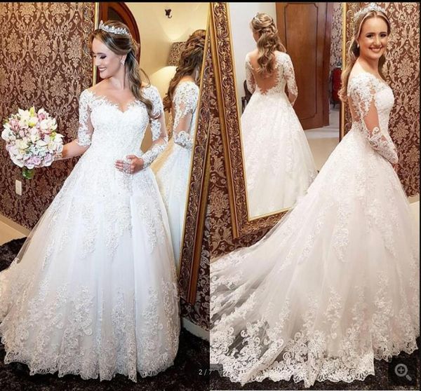 

2020 new a line long sleeve wedding dresses lace applique beaded princess country wedding gown abiti da sposa bridal gown, White
